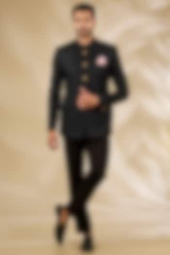 Black Banarasi Brocade Wedding Bandhgala Set by Manish Nagdeo Men at Pernia's Pop Up Shop