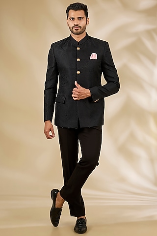 Black Banarasi Brocade Bandhgala Set by Manish Nagdeo Men