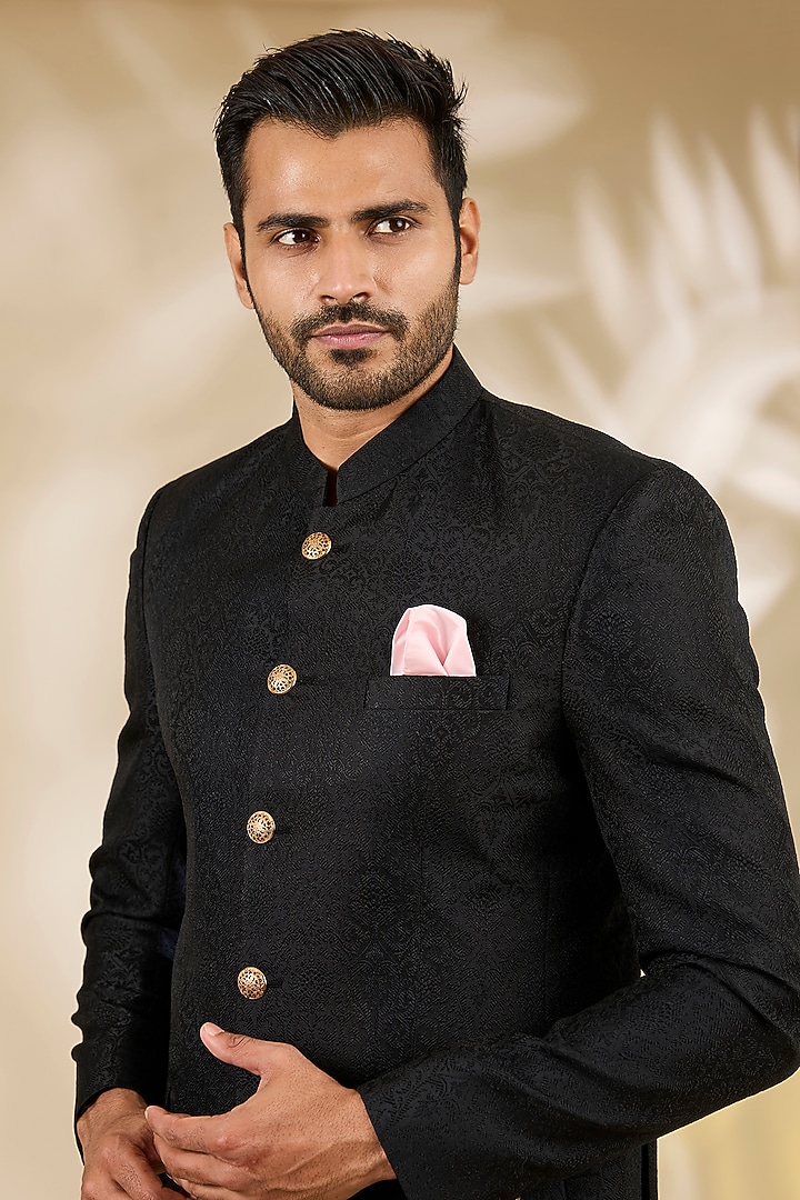 Black Banarasi Brocade Wedding Bandhgala Set by Manish Nagdeo Men at Pernia's Pop Up Shop