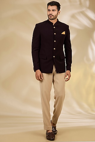 Wine Viscose Bandhgala Set by Manish Nagdeo Men