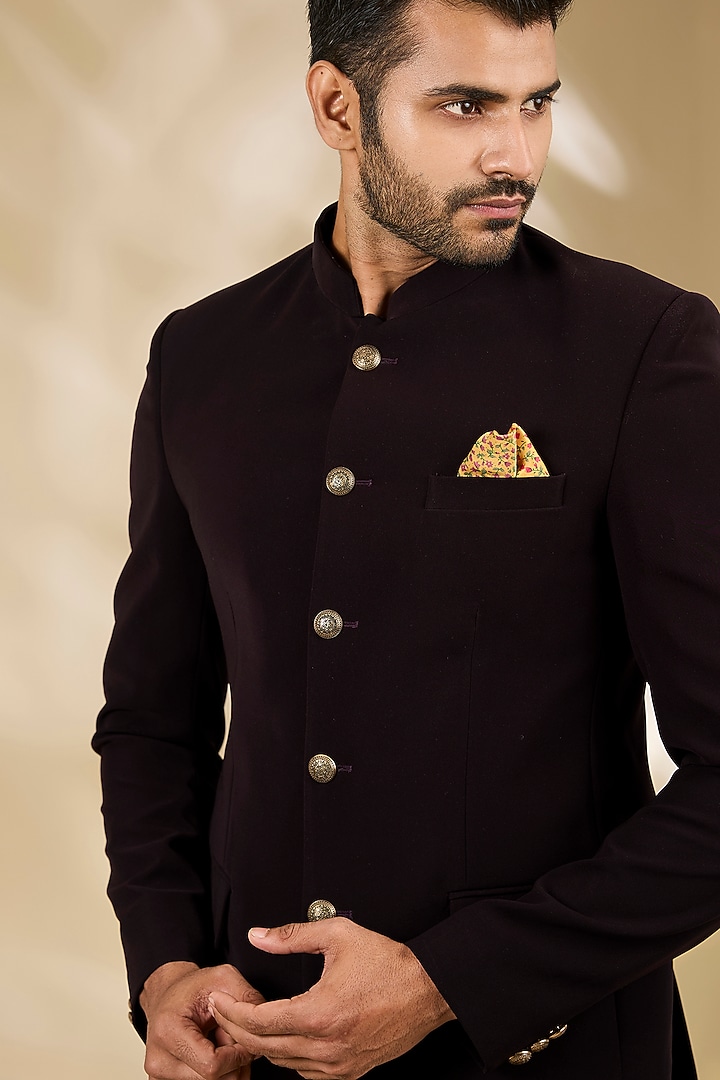Wine Viscose Wedding Bandhgala Set by Manish Nagdeo Men at Pernia's Pop Up Shop