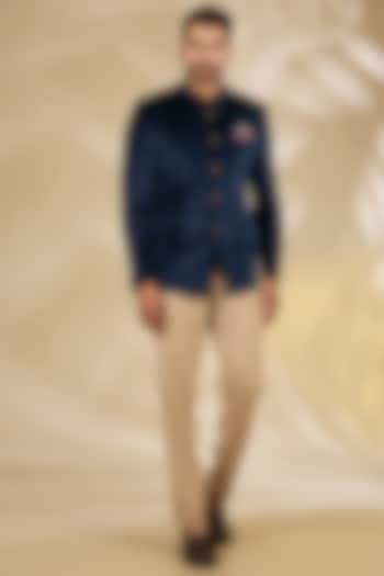 Blue Velvet Wedding Bandhgala Set by Manish Nagdeo Men at Pernia's Pop Up Shop