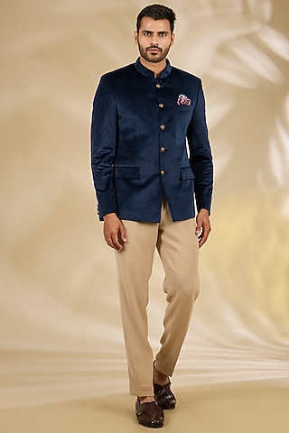 Blue Velvet Bandhgala Set by Manish Nagdeo Men