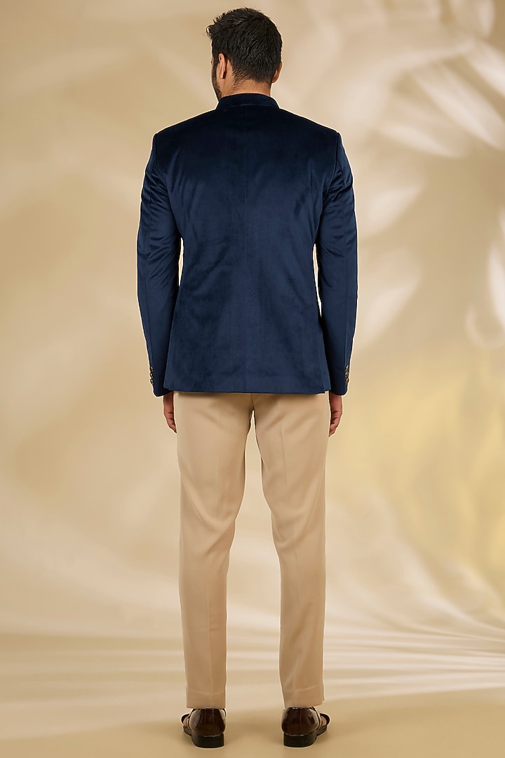 Blue Velvet Wedding Bandhgala Set by Manish Nagdeo Men at Pernia's Pop Up Shop