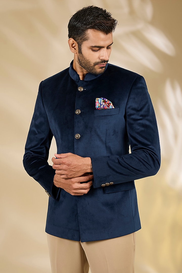 Blue Velvet Wedding Bandhgala Set by Manish Nagdeo Men at Pernia's Pop Up Shop