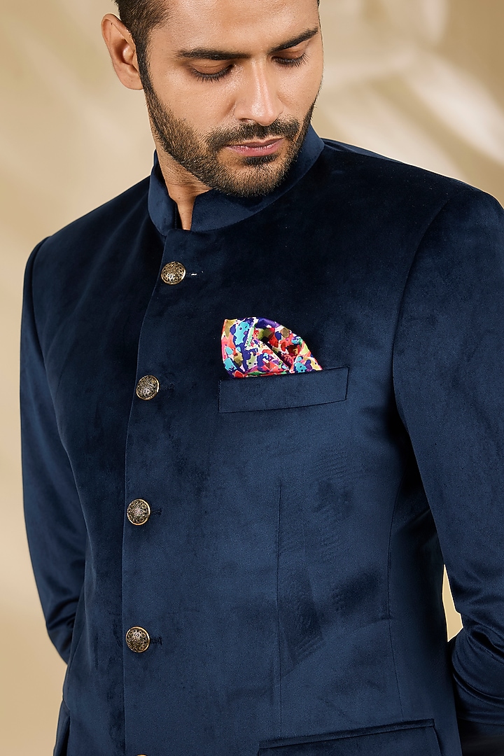 Blue Velvet Wedding Bandhgala Set by Manish Nagdeo Men at Pernia's Pop Up Shop