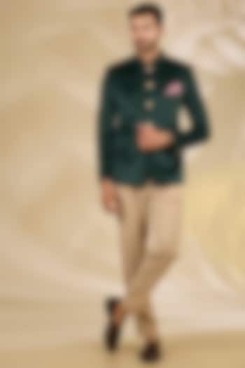 Green Velvet Wedding Bandhgala Set by Manish Nagdeo Men at Pernia's Pop Up Shop