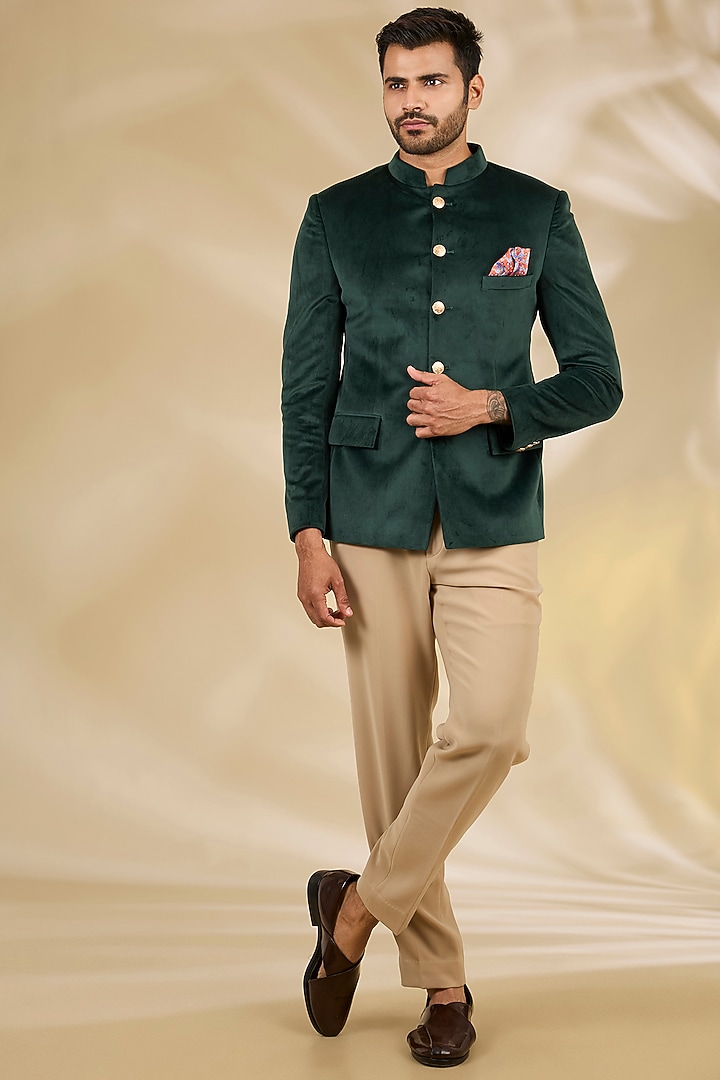 Green Velvet Wedding Bandhgala Set by Manish Nagdeo Men at Pernia's Pop Up Shop