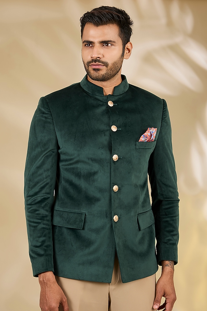 Green Velvet Wedding Bandhgala Set by Manish Nagdeo Men at Pernia's Pop Up Shop