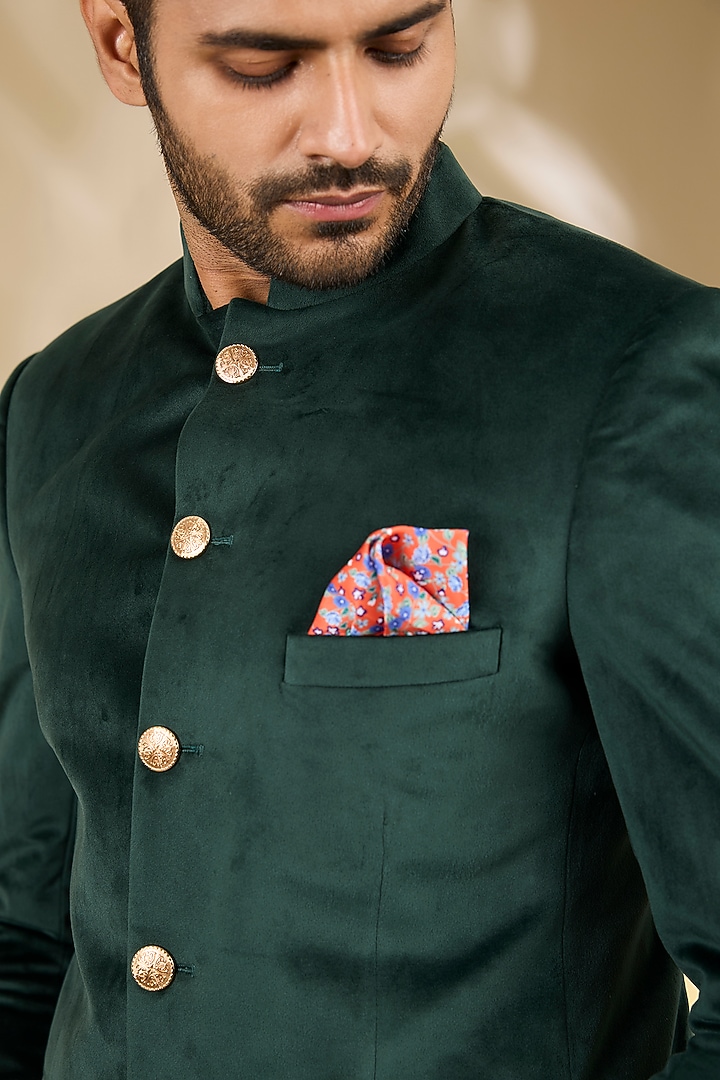 Green Velvet Wedding Bandhgala Set by Manish Nagdeo Men at Pernia's Pop Up Shop