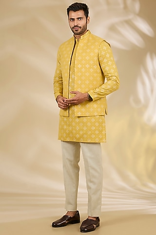 Yellow Ruby Silk Mandala Printed Bundi Jacket Set by Manish Nagdeo Men