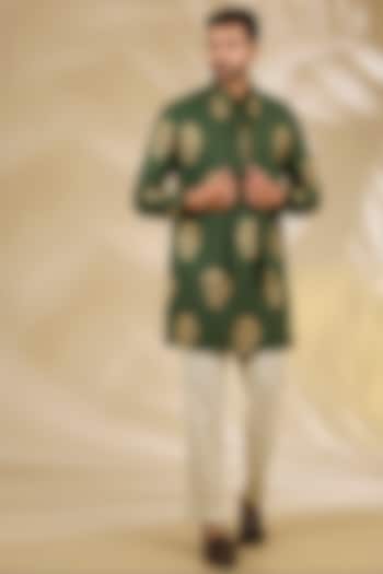 Green Ruby Silk Butta Printed Bundi Jacket Set by Manish Nagdeo Men at Pernia's Pop Up Shop