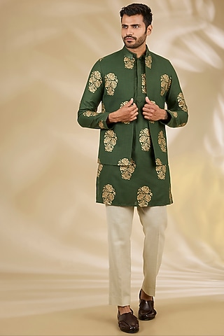 Green Ruby Silk Butta Printed Bundi Jacket Set by Manish Nagdeo Men