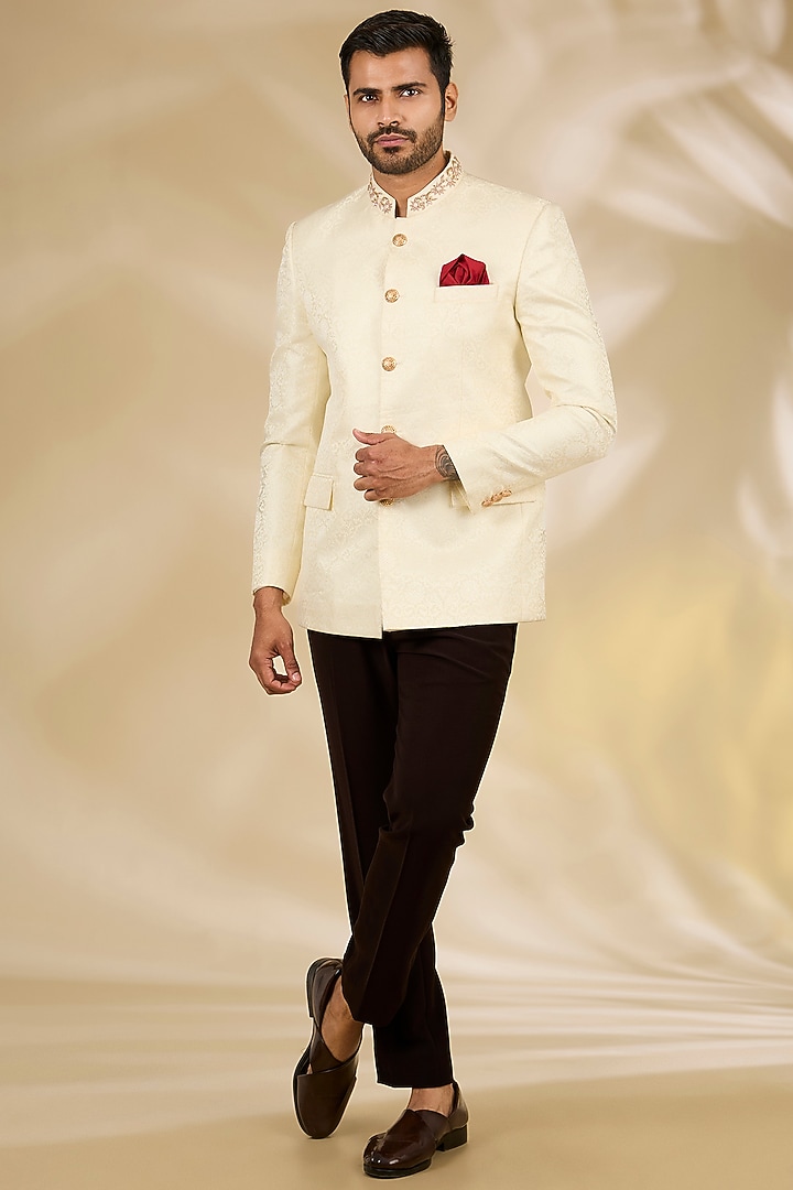 Ivory Banarasi Brocade Dabka Embroidered Wedding Bandhgala Set by Manish Nagdeo Men at Pernia's Pop Up Shop