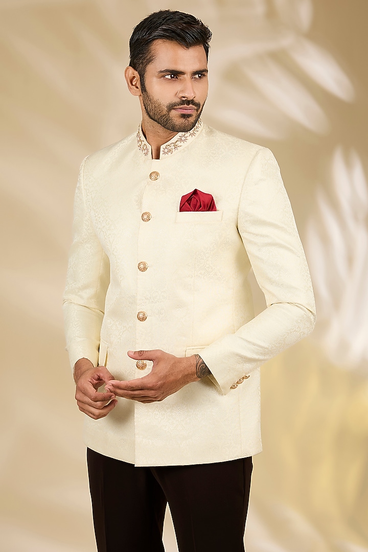 Ivory Banarasi Brocade Dabka Embroidered Wedding Bandhgala Set by Manish Nagdeo Men at Pernia's Pop Up Shop