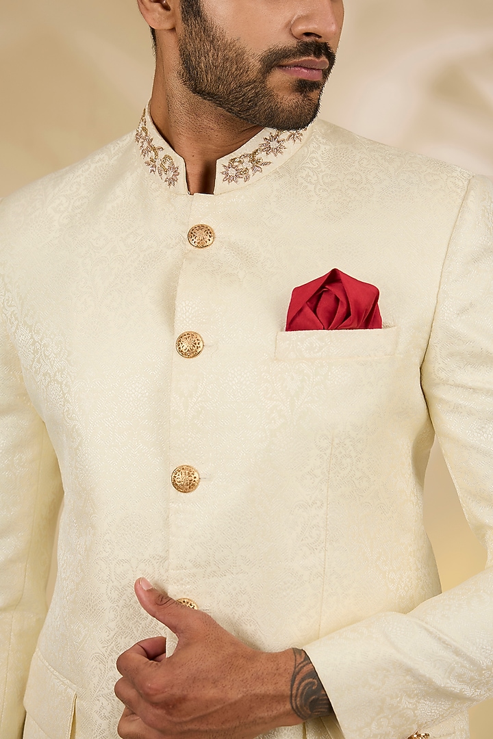 Ivory Banarasi Brocade Dabka Embroidered Wedding Bandhgala Set by Manish Nagdeo Men at Pernia's Pop Up Shop