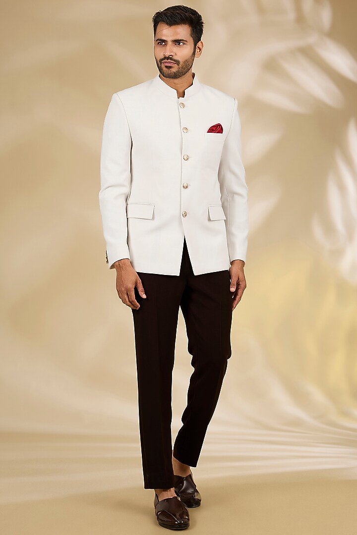 Ivory Viscose Wedding Bandhgala Set by Manish Nagdeo Men at Pernia's Pop Up Shop