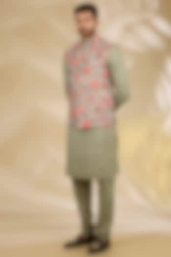 Green Cotton Silk Floral Printed Bundi Jacket Set by Manish Nagdeo Men at Pernia's Pop Up Shop