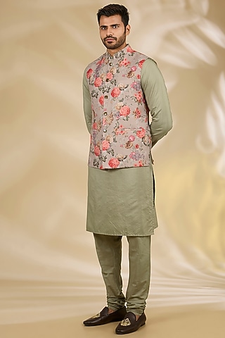Green Cotton Silk Floral Printed Bundi Jacket Set by Manish Nagdeo Men