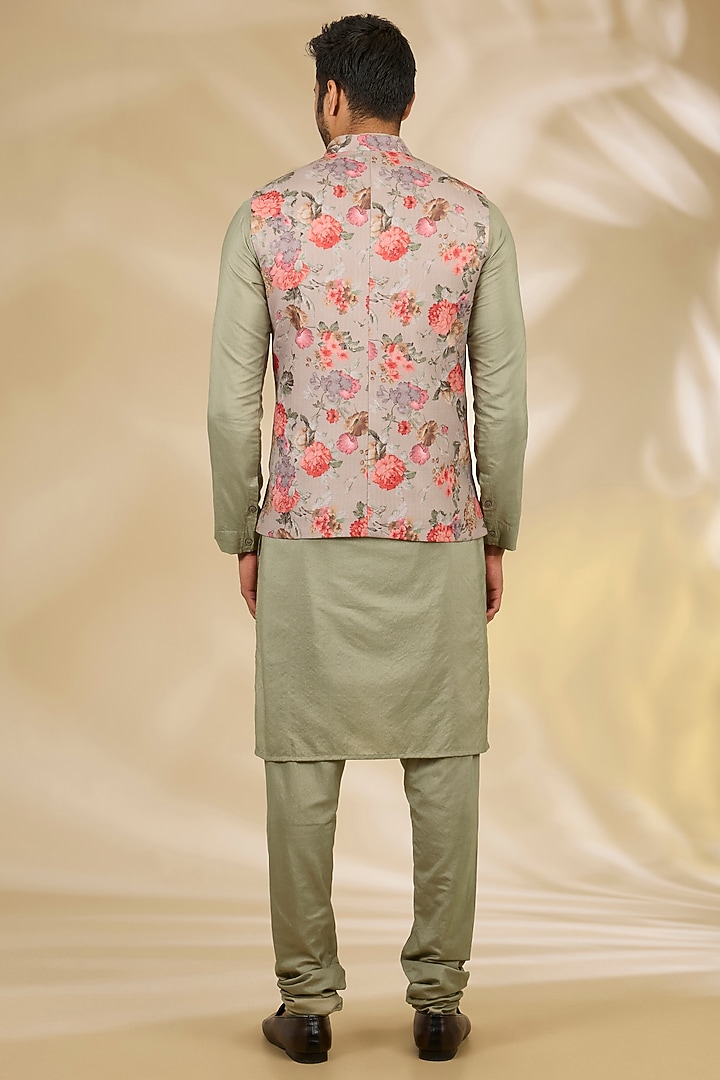 Green Cotton Silk Floral Printed Bundi Jacket Set by Manish Nagdeo Men at Pernia's Pop Up Shop