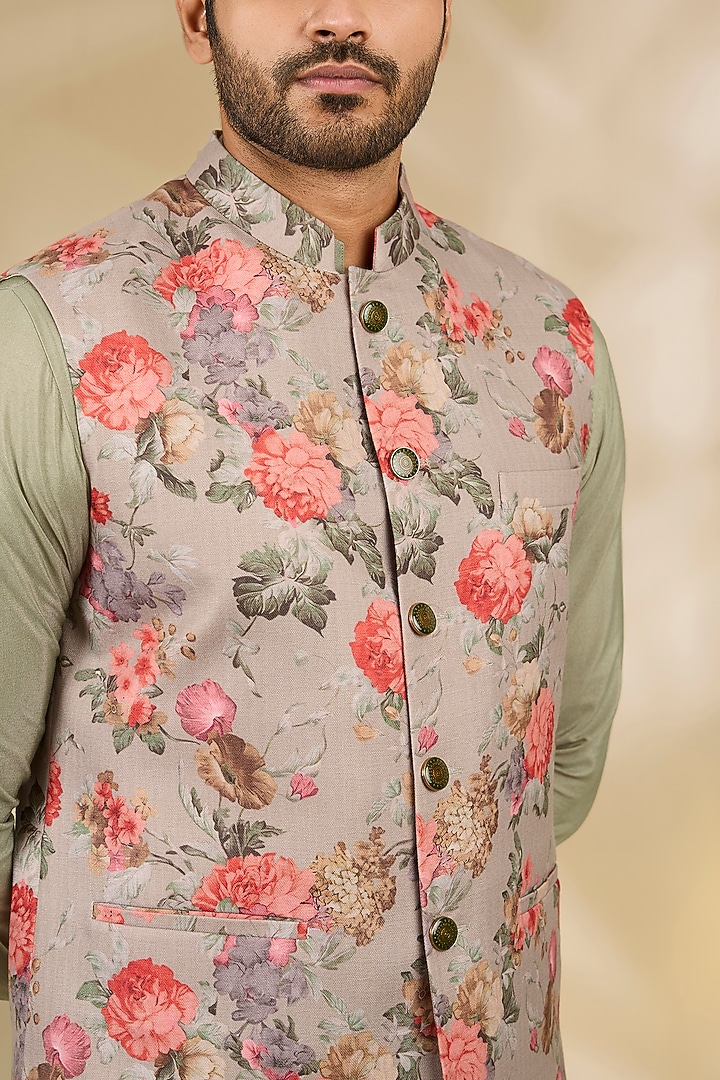 Green Cotton Silk Floral Printed Bundi Jacket Set by Manish Nagdeo Men at Pernia's Pop Up Shop