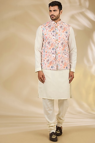 Ivory Cotton Silk Floral Printed Bundi Jacket Set by Manish Nagdeo Men