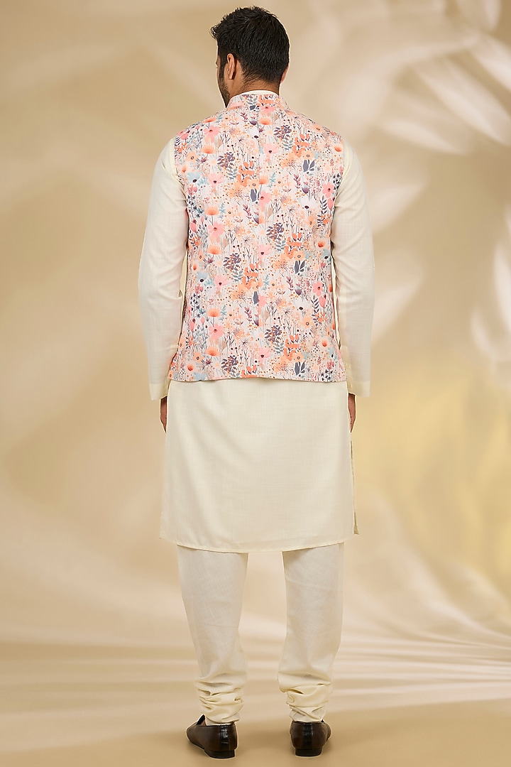 Ivory Cotton Silk Floral Printed Bundi Jacket Set by Manish Nagdeo Men at Pernia's Pop Up Shop
