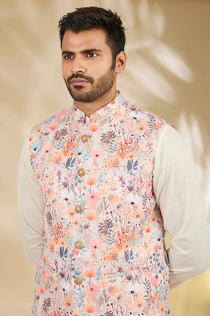Ivory Cotton Silk Floral Printed Bundi Jacket Set by Manish Nagdeo Men at Pernia's Pop Up Shop