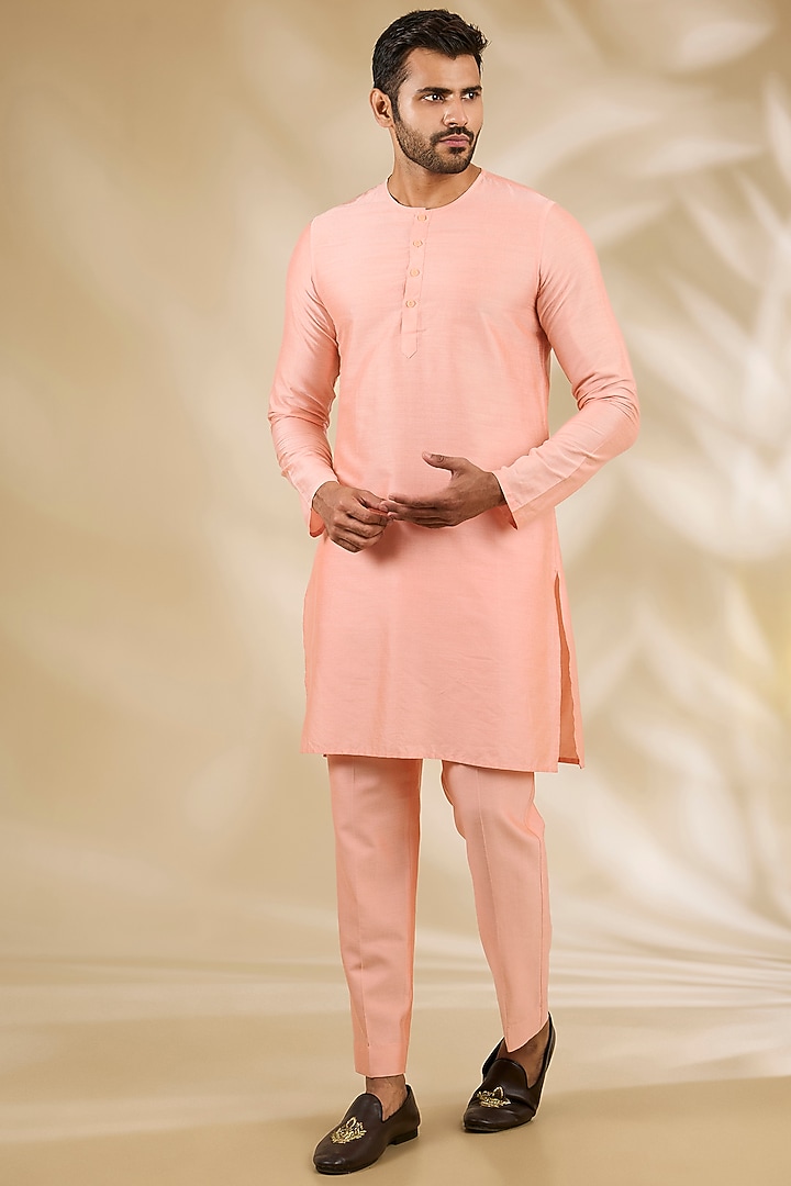 Peach Art Silk Thread Embroidered Wedding Bandhgala Set by Manish Nagdeo Men at Pernia's Pop Up Shop