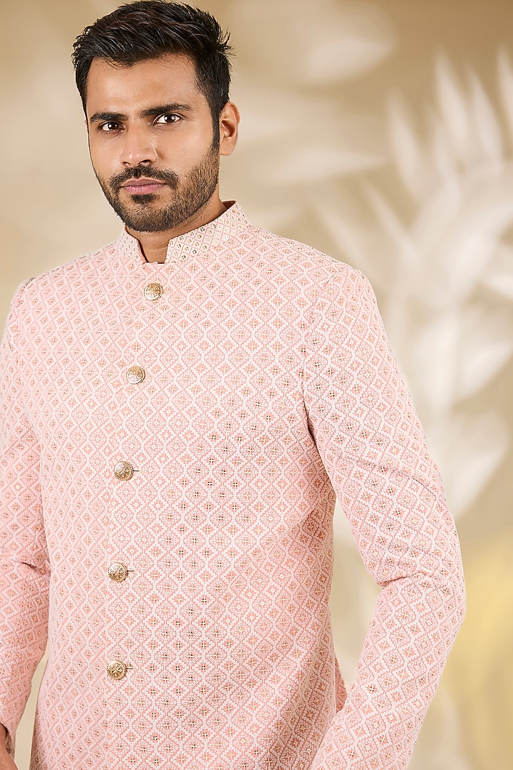 Peach Art Silk Thread Embroidered Wedding Bandhgala Set by Manish Nagdeo Men at Pernia's Pop Up Shop