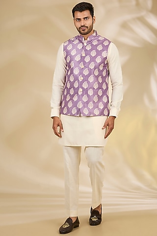 Purple Art Silk Printed Bundi Jacket Set by Manish Nagdeo Men