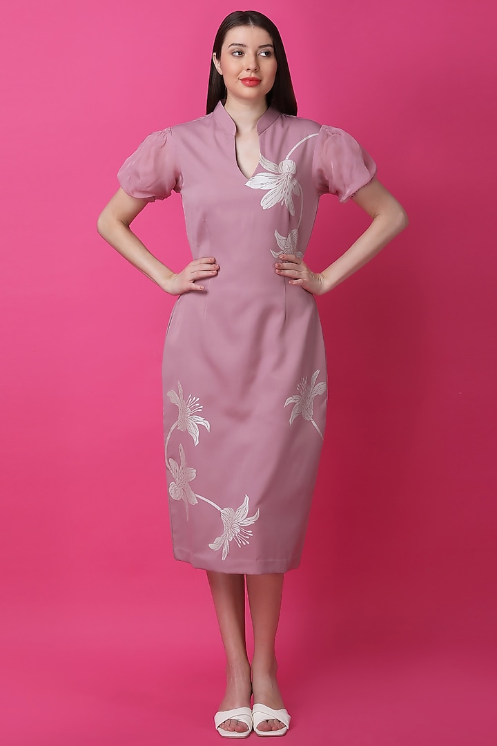 Powder Pink Luxury Crepe Printed Sheath Dress by Manish Nagdeo at Pernia's Pop Up Shop