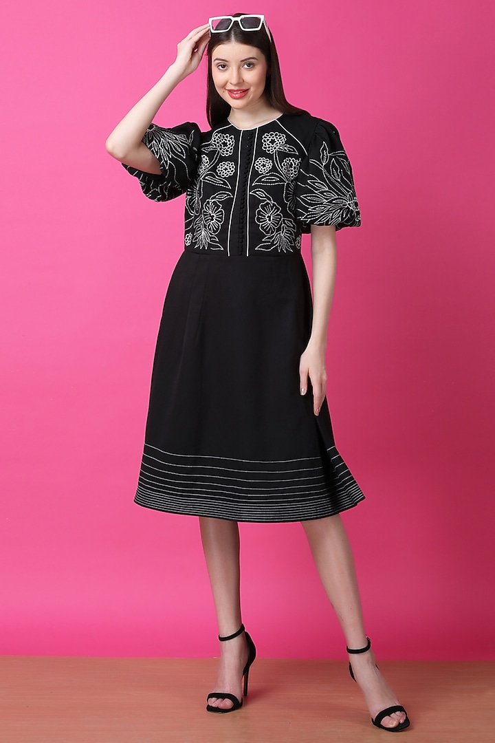 Black Luxury Crepe Thread Embroidered A-Line Dress by Manish Nagdeo at Pernia's Pop Up Shop