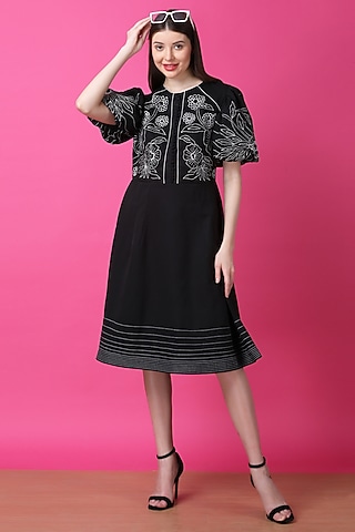 Black Luxury Crepe Thread Embroidered A-Line Dress by Manish Nagdeo