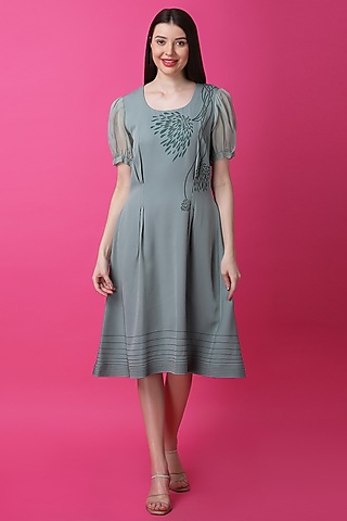 Sage Green Luxury Crepe Floral Printed A-Line Dress by Manish Nagdeo
