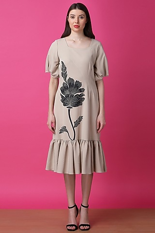 Beige Luxury Crepe Printed Midi Dress by Manish Nagdeo