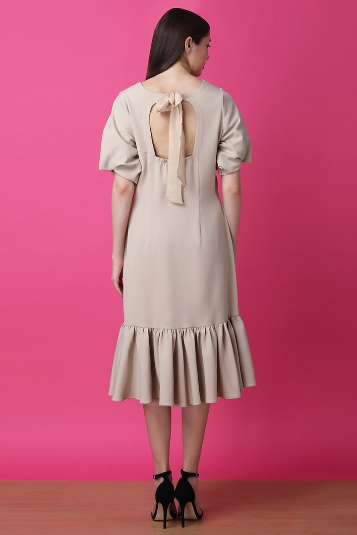 Beige Luxury Crepe Printed Midi Summer Dress by Manish Nagdeo at Pernia's Pop Up Shop