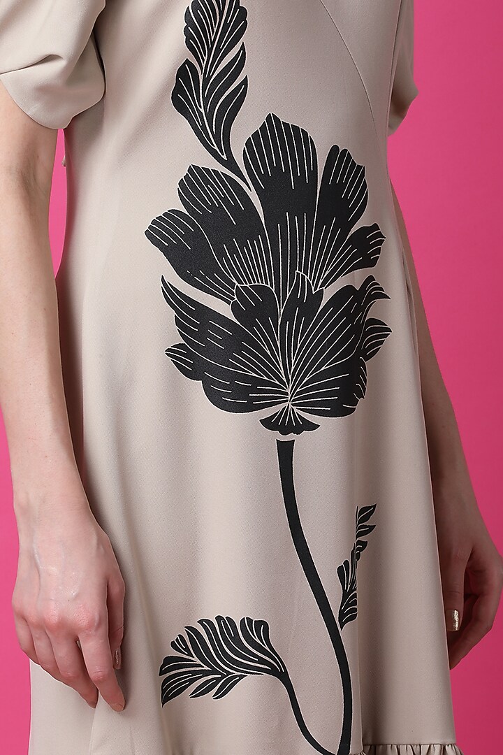 Beige Luxury Crepe Printed Midi Summer Dress by Manish Nagdeo at Pernia's Pop Up Shop