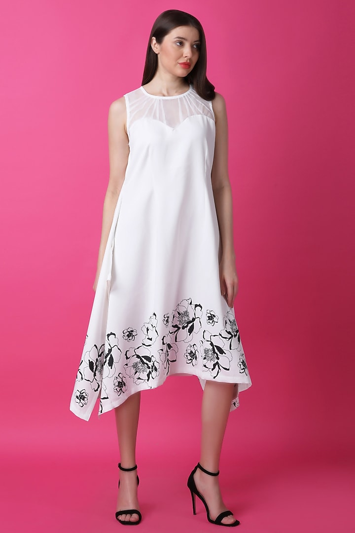 White Luxury Crepe Floral Printed Midi Dress by Manish Nagdeo at Pernia's Pop Up Shop