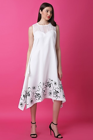 White Luxury Crepe Floral Printed Midi Dress by Manish Nagdeo