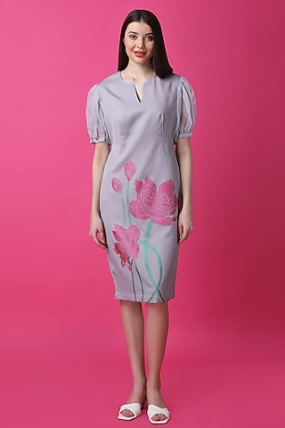 Lilac Luxury Crepe Floral Printed Midi Dress by Manish Nagdeo