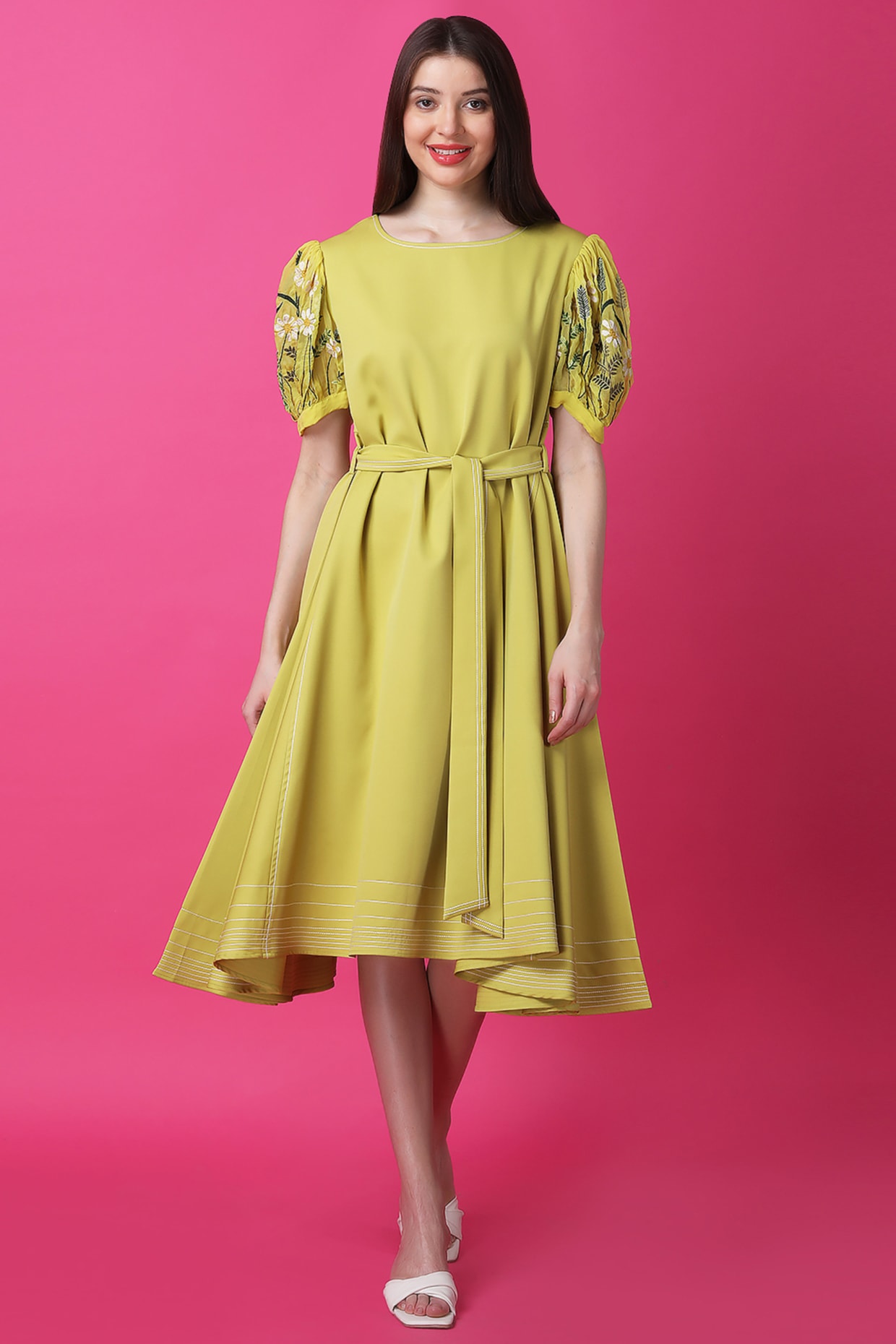 Lime Green Luxury Crepe Machine Embroidered Flared Dress by Manish Nagdeo  at Pernia's Pop Up Shop 2026
