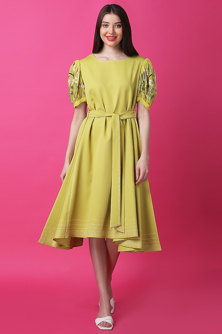 Lime Green Luxury Crepe Machine Embroidered Flared Dress by Manish Nagdeo at Pernia's Pop Up Shop