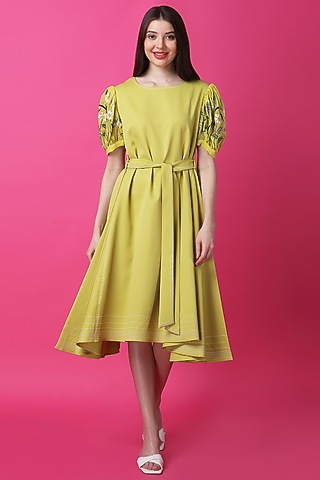 Lime Green Luxury Crepe Machine Embroidered Flared Dress by Manish Nagdeo