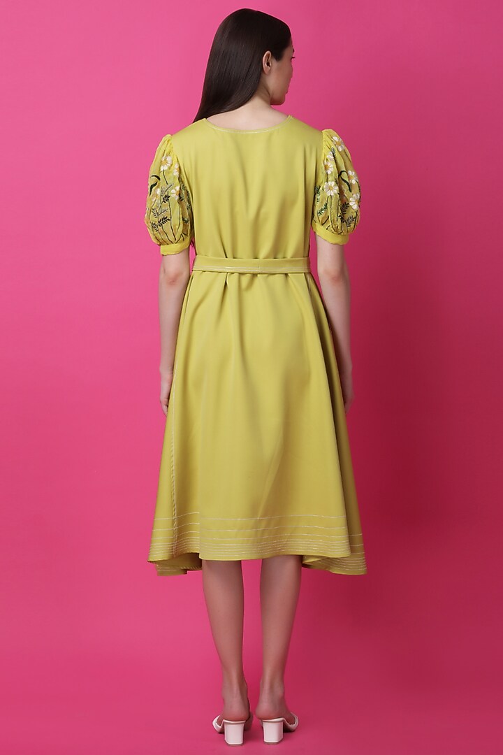 Lime Green Luxury Crepe Machine Embroidered Flared Vacation Dress by Manish Nagdeo at Pernia's Pop Up Shop