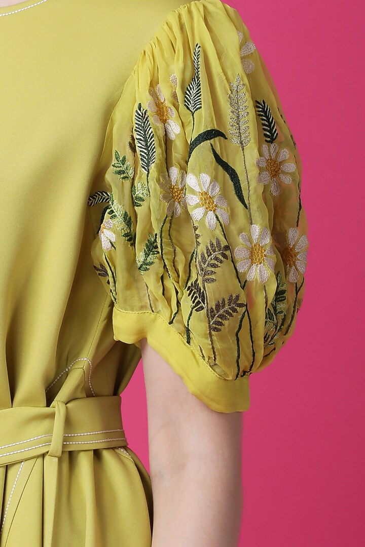 Lime Green Luxury Crepe Machine Embroidered Flared Vacation Dress by Manish Nagdeo at Pernia's Pop Up Shop