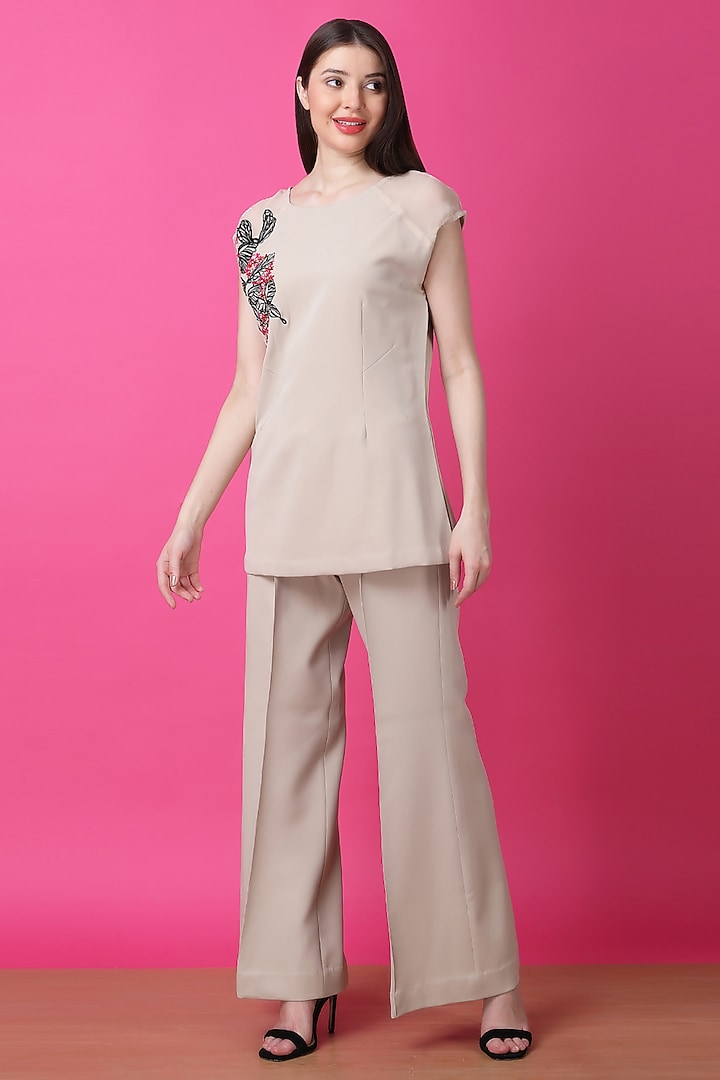 Beige Luxury Crepe Butterfly Motif Embroidered Co-Ord Set by Manish Nagdeo at Pernia's Pop Up Shop