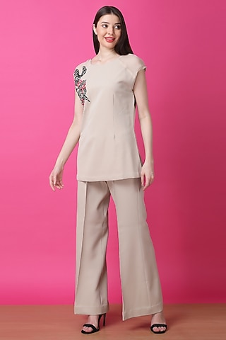 Beige Luxury Crepe Butterfly Motif Embroidered Co-Ord Set by Manish Nagdeo