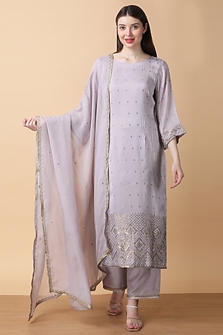 Lilac Bamboo Muslin Sequins Embroidered Kurta Set by Manish Nagdeo