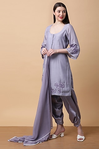 Purple Satin Georgette Printed & Embroidered Kurta Set by Manish Nagdeo